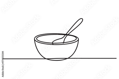 Single one line drawing bowl and spoon. Tableware concept. Continuous line draw design. one line Icon drawing with white background