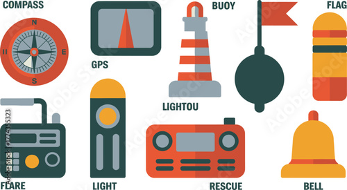 Nautical Safety Icons Compass, GPS, Buoy, Flag, Flare, Light, Lighthouse, Rescue Radio, and Bell Graphics
