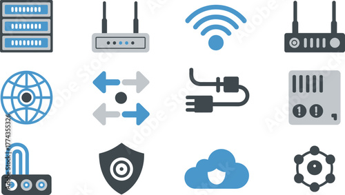 Networking and Security Icons Set Depicting Servers, Routers, WiFi, Data Transfer, and Cloud Protection