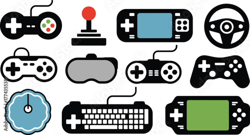 of Game Consoles, Controllers, and Peripherals on White Background Retro Gaming