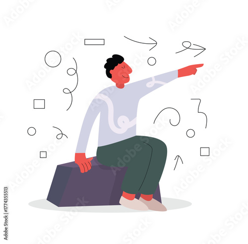 A man pointing finger to far away point. go right track concept. keep going vector illustration