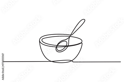 Single one line drawing bowl and spoon. Tableware concept. Continuous line draw design. one line Icon drawing with white background