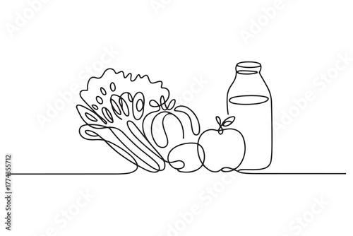 Continuous one line drawing Healthy food concept. Vegetables, fruits and milk. one line Icon drawing with white background