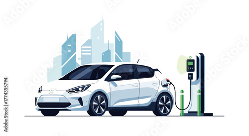 City Electric Car Charging Vector – Eco Vehicle at EV Station Illustration - Electric Vehicle Vector – Charging Station and Green Energy