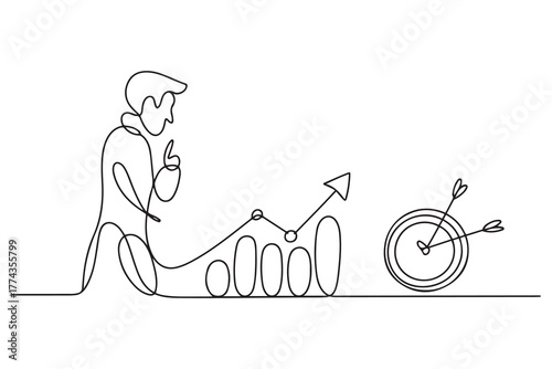 Continuous one line drawing business concepts of analytics, planning, marketing research, work communication, goal settings. one line Icon drawing with white background
