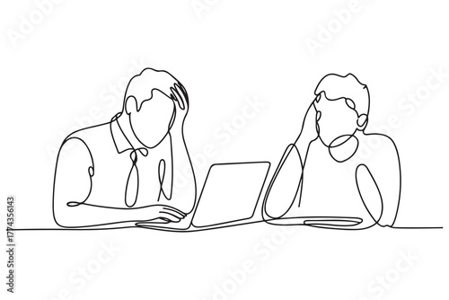 One continuous line drawing of busy people in stress and fatigue at work. one line Icon drawing with white background