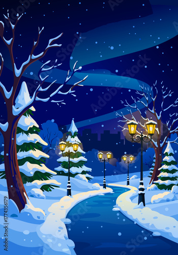A serene winter night scene with snow-covered trees and illuminated park pathway under a starry sky with a hint of aurora