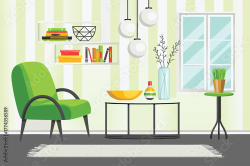 living room with green chair and table