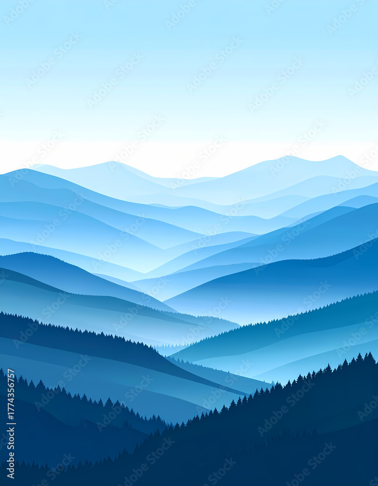 Obraz premium Abstract illustration of layered blue mountain ranges against a transparent background