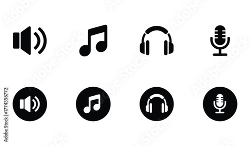 Music and Audio Icons Set: Speaker, Headphone, Microphone, and Note Vector Symbols