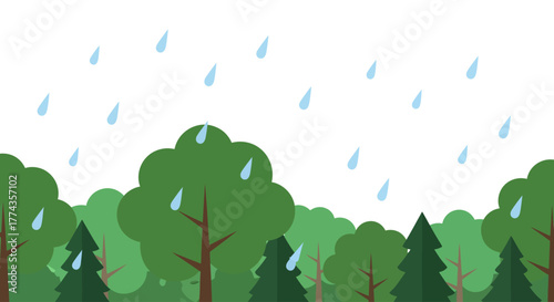 Forest illustration with green trees and rain falling from the sky, creating a rainy day scene.