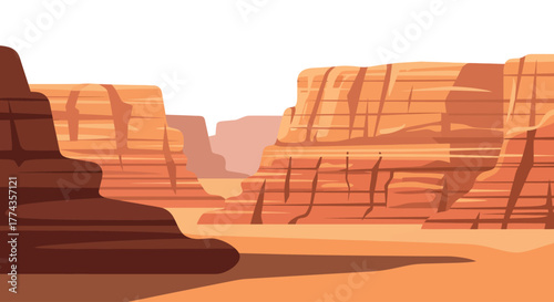 A stylized illustration of a canyon landscape with layered rock formations and open sky.