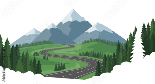 A winding road travels through a green landscape, leading toward snow-capped mountains.