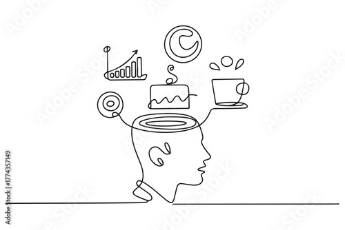 Continuous one line drawing Business icons are floating above head concept. one line Icon drawing with white background