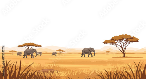 A herd of elephants traversing the African savanna landscape, under trees.