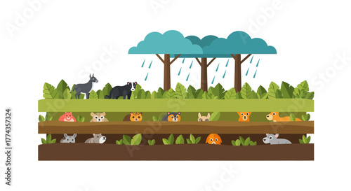 A layered illustration depicting various animals sheltering under a rainy sky and trees.