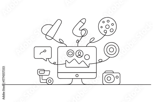 Single one-line drawing digital marketing social media. Market digital concept. one line Icon drawing with white background