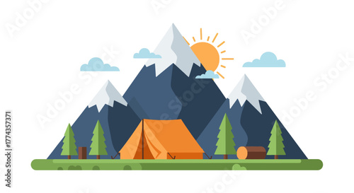 Camping scene with an orange tent pitched in front of snow-capped mountains, trees, and a shining sun in a flat design style.