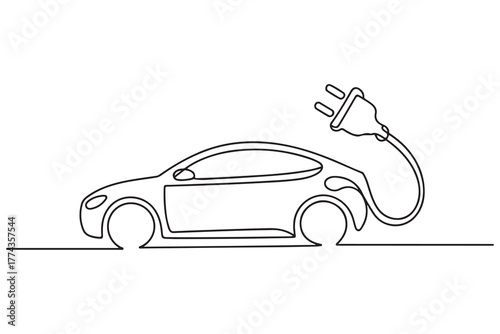 Continuous one line drawing Electric car with plug. Electric car concept. one line Icon drawing with white background
