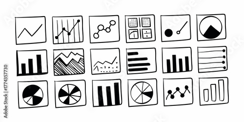 Collection of hand drawn black and white data visualization charts and graphs in square frames on white background on transparent background