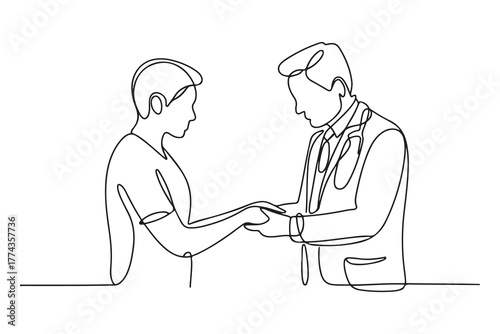 Single one line drawing The doctor holds a patient's hand to reassure the medical examination process. one line Icon drawing with white background
