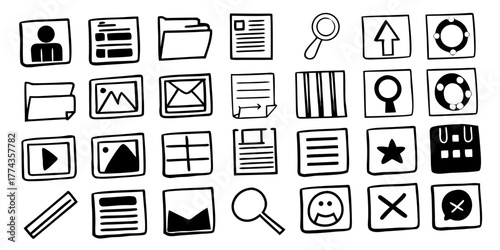 Hand drawn style icons representing a variety of different functions and applications in black and white on transparent background