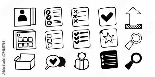 Doodle style icon set featuring profile, checklist, calendar, box, and search functionality icons on transparent background