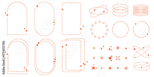 Modern minimalist aesthetic line elements set. Linear geometric frames and forms with stars.