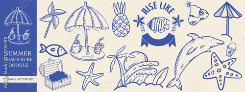 Hand drawn Summer Beach and Surf Doodles with Elements like Palm Trees, Ice Cream, Shark, Dolphin, and Tropical Icons