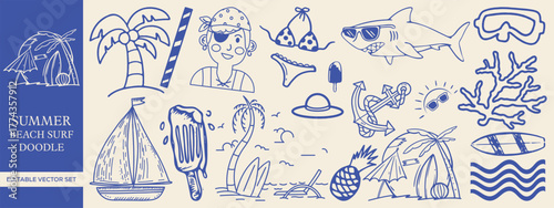 Hand drawn Summer Beach and Surf Doodles with Elements like Palm Trees, Ice Cream, Shark, Dolphin, and Tropical Icons