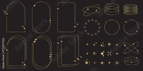 Modern minimalist aesthetic line elements set. Linear geometric frames and forms with stars.