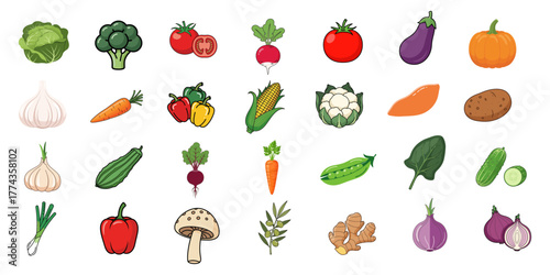 Vegetable Icon Set: Cartoon Vector List of Fresh Produce, Vegan Day, Healthy Eating, Plant-Based Food Collection, Transparent PNG