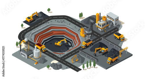Isometric Nickel Mining Vector – Coal and Nickel Industry Illustration with Heavy Equipment - Mining Industry Vector – Coal and Nickel Extraction