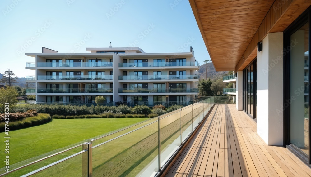 Obraz premium Modern apartment building with several floors, glass railings on balconies. Large wooden deck connects to green lawn. Sunny day highlights contemporary residence near hills. New luxury property