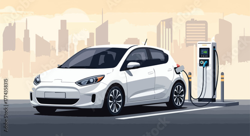 Electric Automobile Charging Vector – Eco Vehicle at EV Station Illustration - Electric Vehicle Vector – Charging Station and Green Energy