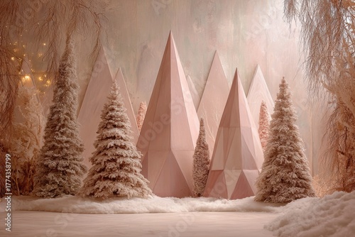 Modern minimalist pink Christmas studio featuring geometric trees and snowy landscape, creating a serene and festive atmosphere with ample copy space for design