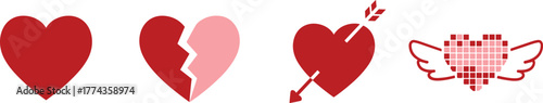 Diverse heart shapes representing love romance relationship stages and emotions on a