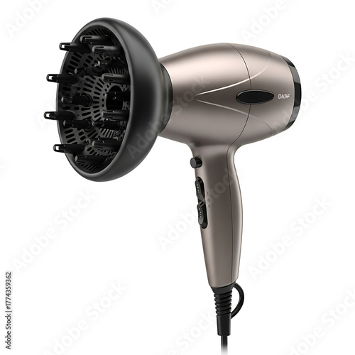 A sleek, bronze-colored hair tool with a black diffuser attachment, handle, and power cord. Designed for styling hair