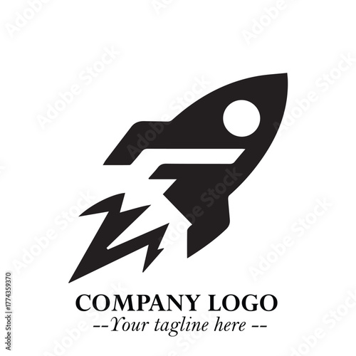 Rocket Logo Symbol in Black on the White Background with Modern Futuristic Space Design