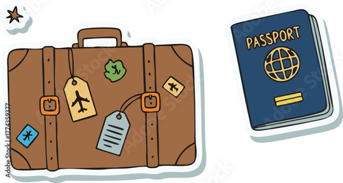 Brown suitcase and blue passport sitting on white surface representing international travel and adventure, evoking feelings of excitement and anticipation.