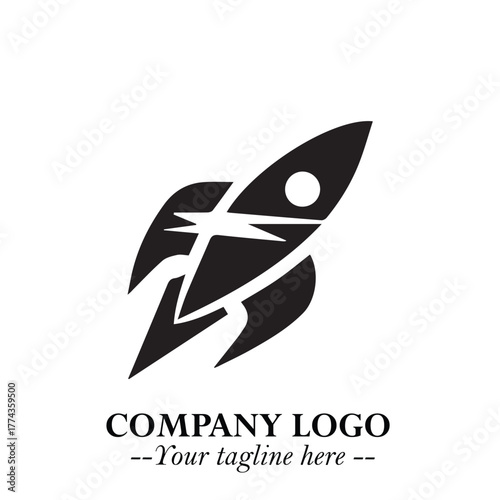 Rocket Logo Symbol in Black on the White Background with Modern Futuristic Space Design