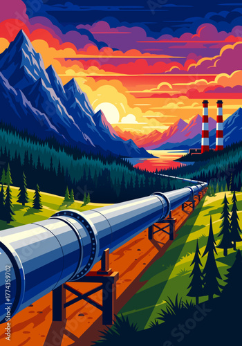 Oil Pipeline Landscape at Sunset Transportation of Resources Through Mountains and Nature
