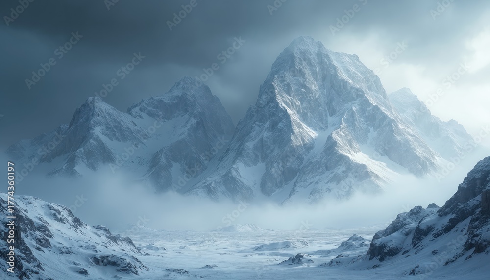 Obraz premium Dramatic frozen mountain landscape with majestic snow-covered peaks under dark, cloudy sky. Vast icy valleys extend below, shrouded in mist. Cold, desolate environment suggests harsh winter