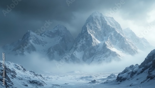 Dramatic frozen mountain landscape with majestic snow-covered peaks under dark, cloudy sky. Vast icy valleys extend below, shrouded in mist. Cold, desolate environment suggests harsh winter
