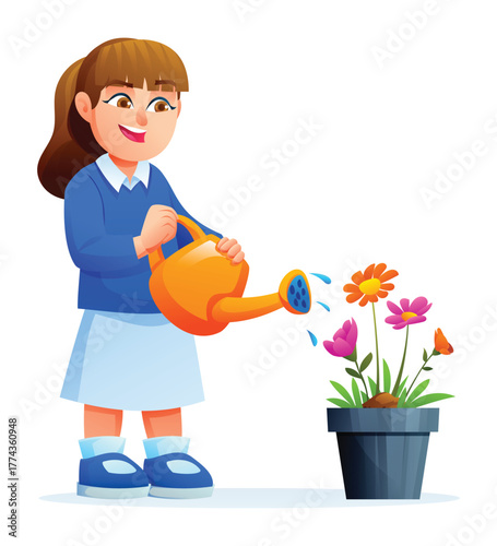 Cheerful girl watering flowers in a pot with watering can. Isolated child gardening. Vector cartoon illustration