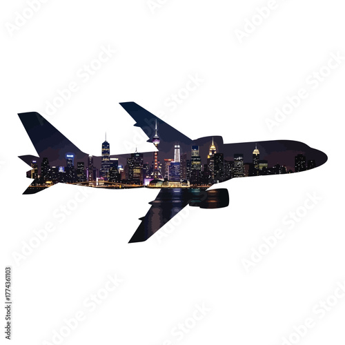 Airplane silhouette filled with a vibrant city skyline at night, creating a stunning contrast of travel and urban life isolated on white background