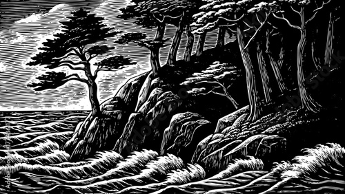 Wind blown pine trees growing on rocky cliff above crashing ocean waves.