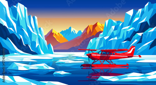 An illustrative depiction of a floatplane surrounded by frozen icebergs and vibrant mountains, highlighting a serene arctic journey