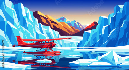Scenic illustration of a red seaplane parked on calm water surrounded by icebergs and mountains at sunset