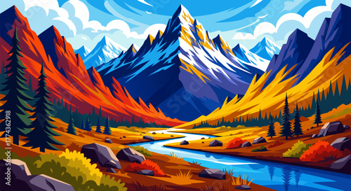 Colorful autumn mountain range illustration with a winding river and vibrant foliage, capturing the majestic beauty of a stylized natural panorama